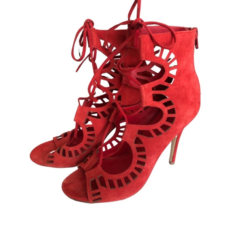 Modern Vice Red Suede Cut-Out Lace-Up Heels